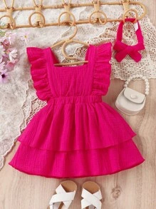 SHEIN Toddler Girls Ruffle Trim Layer Hem Dress With Headband - Hot Pink - View 1