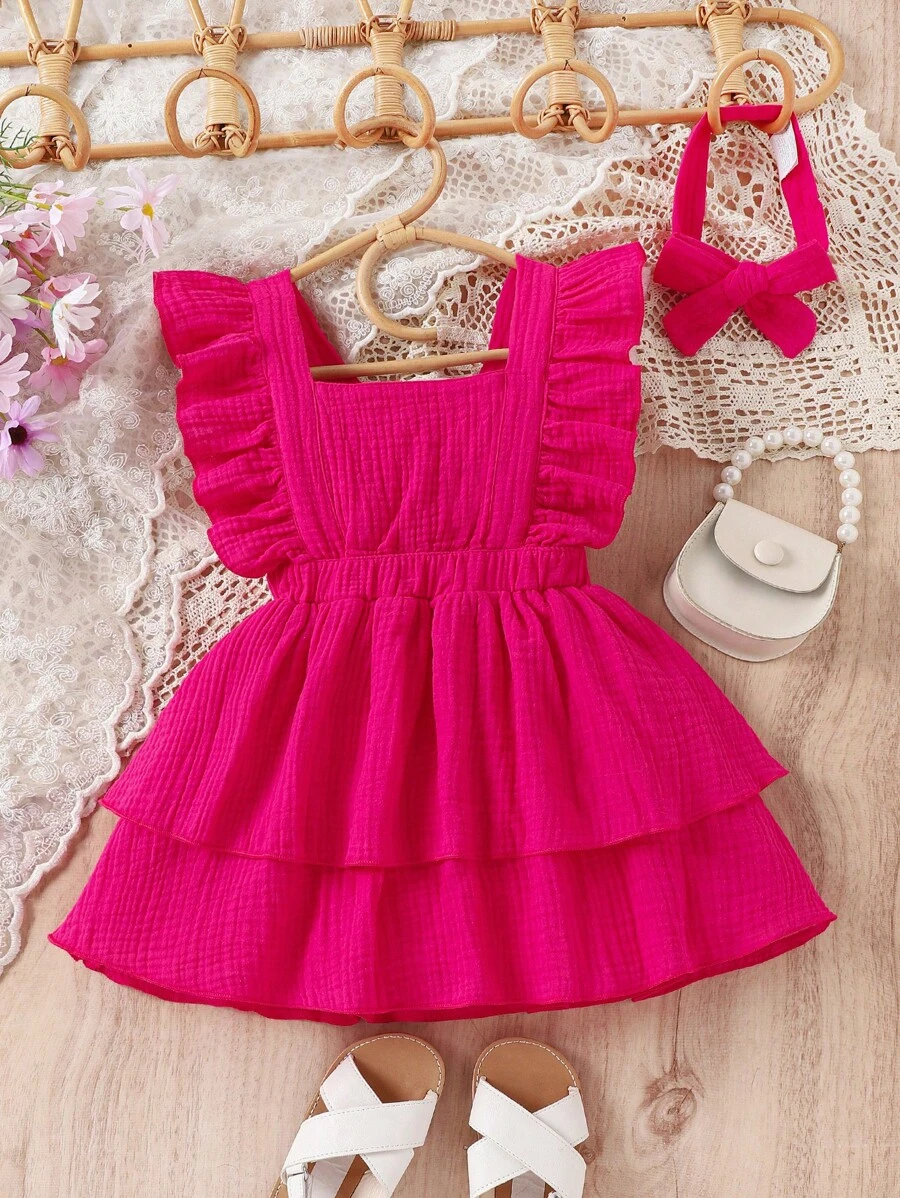 SHEIN Toddler Girls Ruffle Trim Layer Hem Dress With Headband - Hot Pink - View 1