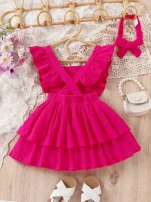 SHEIN Toddler Girls Ruffle Trim Layer Hem Dress With Headband - Hot Pink - View 2