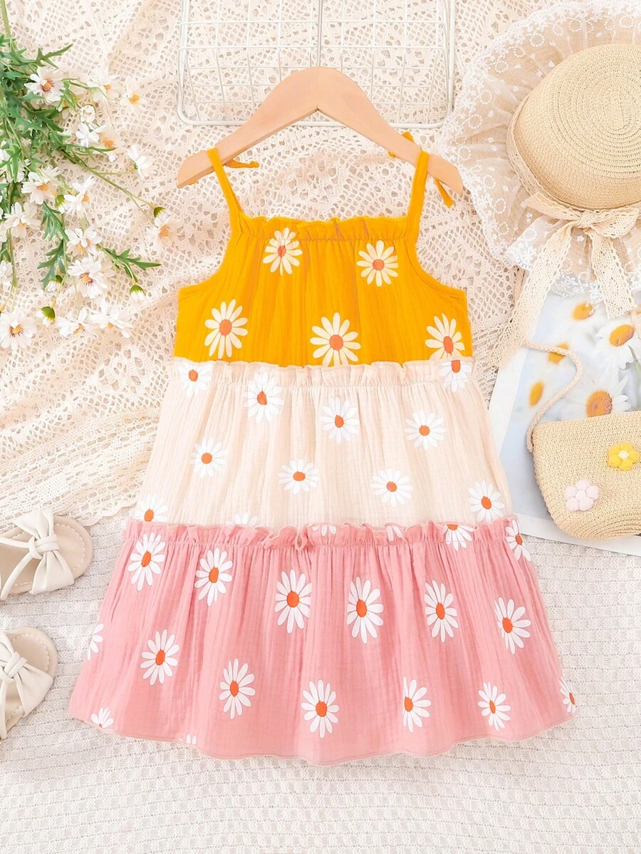 SHEIN Young Girl Floral Print Colourblock Ruffle Hem Cami Dress - Multicolor - View 1