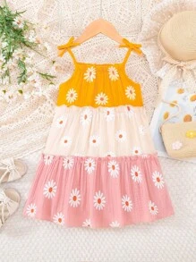 SHEIN Young Girl Floral Print Colourblock Ruffle Hem Cami Dress - Multicolor - View 2