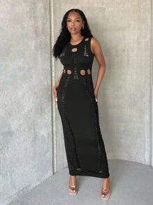 SHEIN SXY Cut Out Front Ripped Bodycon Dress - Black - View 1