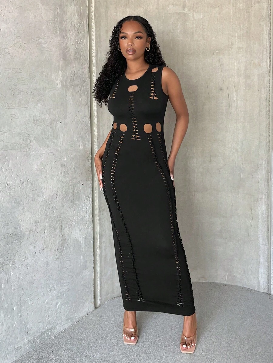 SHEIN SXY Cut Out Front Ripped Bodycon Dress - Black - View 1