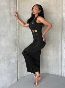 SHEIN SXY Cut Out Front Ripped Bodycon Dress - Black - View 3