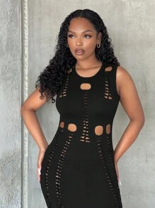 SHEIN SXY Cut Out Front Ripped Bodycon Dress - Black - View 4