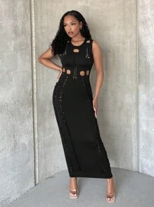 SHEIN SXY Cut Out Front Ripped Bodycon Dress - Black - View 5