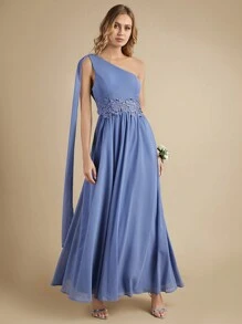 SHEIN Belle One Shoulder Appliques Detail Bridesmaid Dress - Blue - View 5