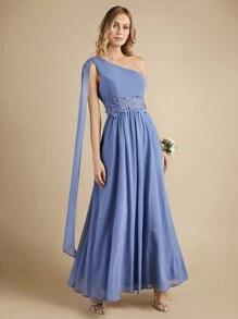 SHEIN Belle One Shoulder Appliques Detail Bridesmaid Dress - Blue - View 6