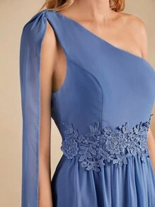 SHEIN Belle One Shoulder Appliques Detail Bridesmaid Dress - Blue - View 2