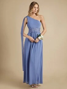 SHEIN Belle One Shoulder Appliques Detail Bridesmaid Dress - Blue - View 3