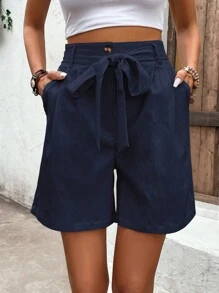 SHEIN LUNE Solid Slant Pocket Belted Wide Leg Shorts - Navy Blue - View 3