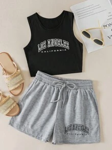 INAWLY Letter Graphic Tank Top & Drawstring Waist Shorts