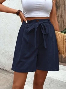 SHEIN LUNE Solid Slant Pocket Belted Wide Leg Shorts - Navy Blue - View 5