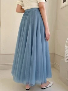 DAZY 高腰網紗覆蓋半身裙 - 藍色 - 查看 2