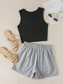 INAWLY Letter Graphic Tank Top & Drawstring Waist Shorts