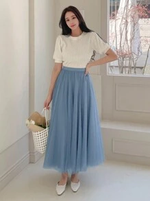 DAZY 高腰網紗覆蓋半身裙 - 藍色 - 查看 4