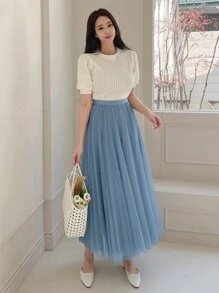 DAZY 高腰網紗覆蓋半身裙 - 藍色 - 查看 5