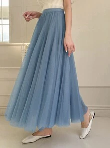 DAZY 高腰網紗覆蓋半身裙 - 藍色 - 查看 6