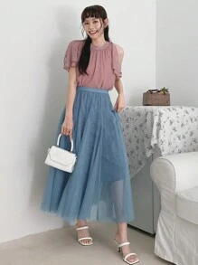 DAZY 高腰網紗覆蓋半身裙 - 藍色 - 查看 8