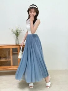 DAZY 高腰網紗覆蓋半身裙 - 藍色 - 查看 9