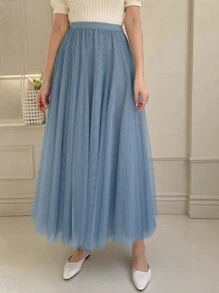 DAZY 高腰網紗覆蓋半身裙 - 藍色 - 查看 10