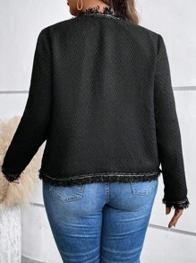 SHEIN Clasi Hơn Xén Thô Mở Mặt trước Tweed Áo khoác - màu đen - Xem 2