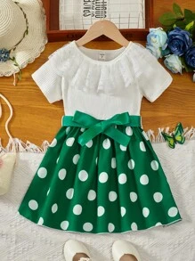 小女童波點圖案蕾絲拼接荷葉邊洋裝 - 彩色 - 查看 1