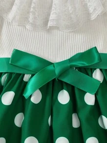 小女童波點圖案蕾絲拼接荷葉邊洋裝 - 彩色 - 查看 5