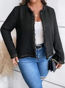 SHEIN Clasi Hơn Xén Thô Mở Mặt trước Tweed Áo khoác - màu đen - Xem 6