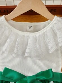 小女童波點圖案蕾絲拼接荷葉邊洋裝 - 彩色 - 查看 7