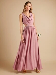 SHEIN Belle 垂領腰部鏤空伴娘連衣裙 - 藕粉色 - 查看 4