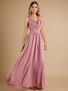 SHEIN Belle 垂領腰部鏤空伴娘連衣裙 - 藕粉色 - 查看 5