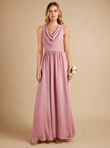 SHEIN Belle 垂領腰部鏤空伴娘連衣裙 - 藕粉色 - 查看 1