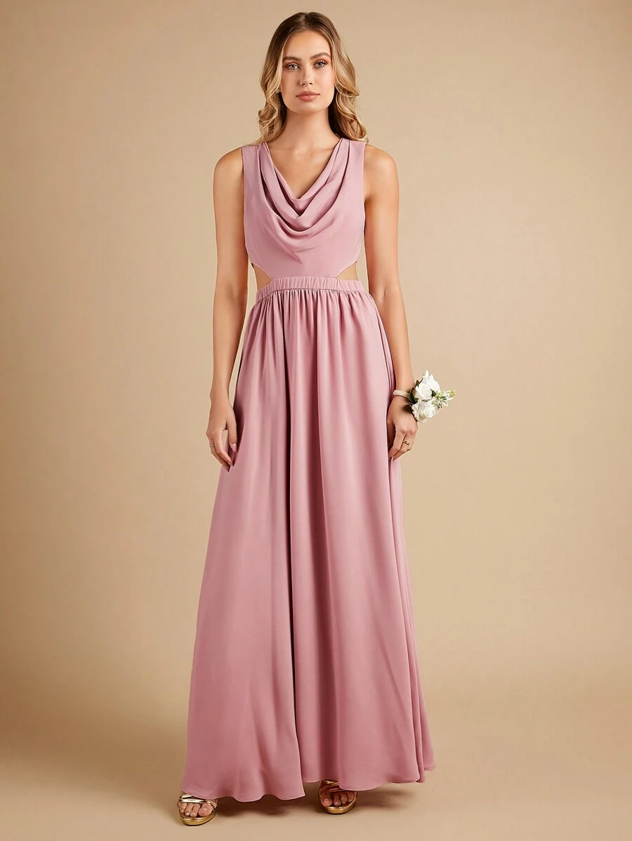 SHEIN Belle 垂領腰部鏤空伴娘連衣裙 - 藕粉色 - 查看 1