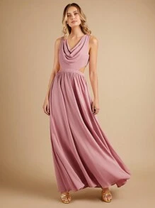 SHEIN Belle 垂領腰部鏤空伴娘連衣裙 - 藕粉色 - 查看 2