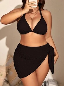 Swim Basics Summer Beach Plus Size Halter Triangle Bikini Set With Beach Skirt