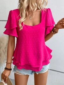 SHEIN LUNE Swiss Dot Butterfly Sleeve Lace Up Back Blouse - Hot Pink - View 1