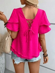 SHEIN LUNE Swiss Dot Butterfly Sleeve Lace Up Back Blouse - Hot Pink - View 2