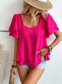 SHEIN LUNE Swiss Dot Butterfly Sleeve Lace Up Back Blouse - Hot Pink - View 3