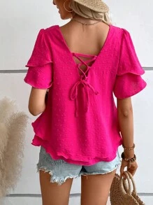 SHEIN LUNE Swiss Dot Butterfly Sleeve Lace Up Back Blouse - Hot Pink - View 4