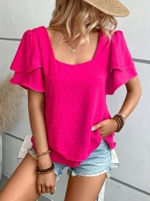 SHEIN LUNE Swiss Dot Butterfly Sleeve Lace Up Back Blouse - Hot Pink - View 5