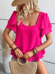 SHEIN LUNE Swiss Dot Butterfly Sleeve Lace Up Back Blouse - Hot Pink - View 6