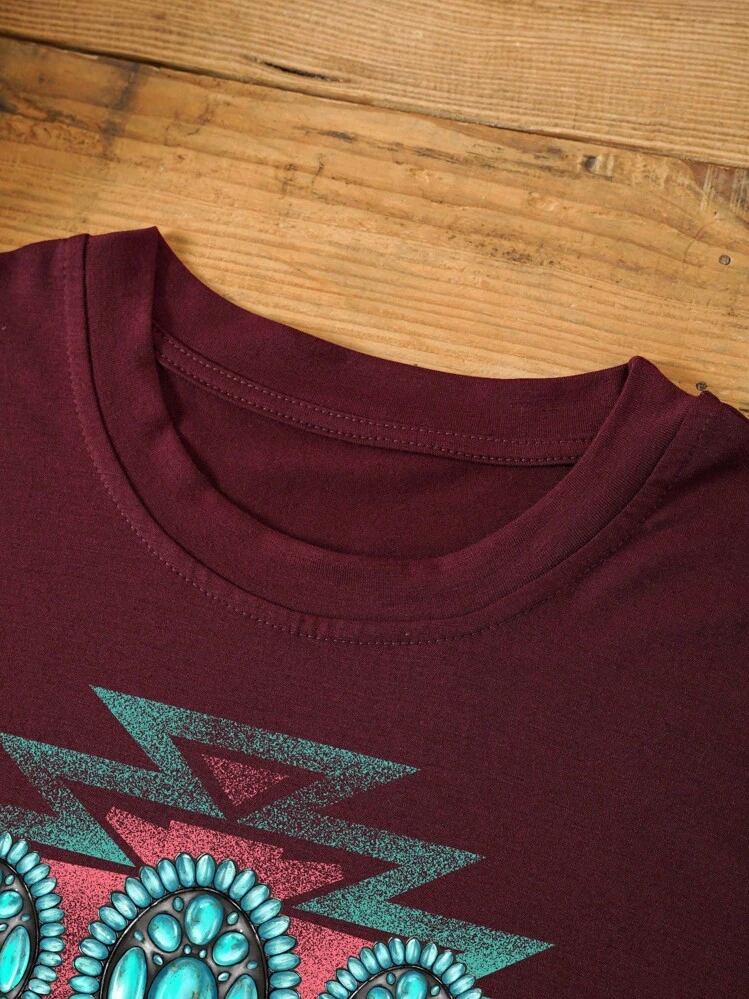 SHEIN LUNE T-shirt Imprimé Géométrique - Rouge foncé - Voir 3