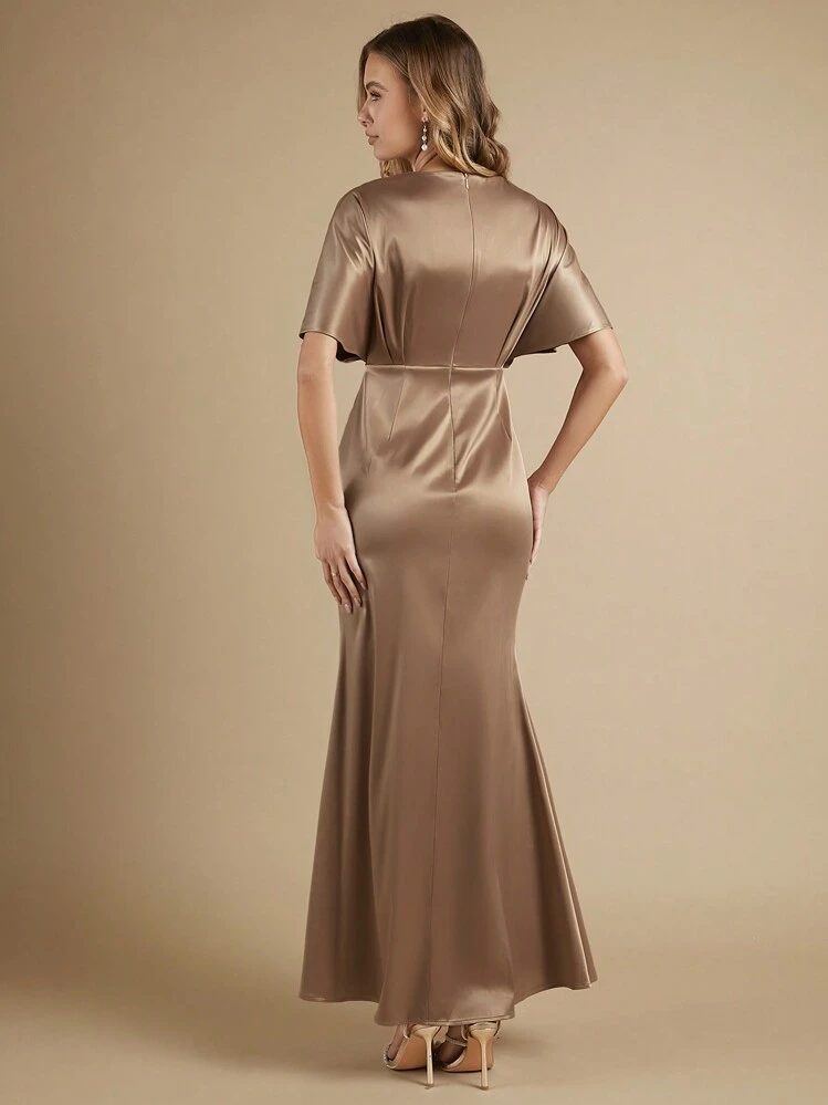 SHEIN Belle Butterfly Sleeve Split Thigh Bridesmaid Dress - Brown - View 3