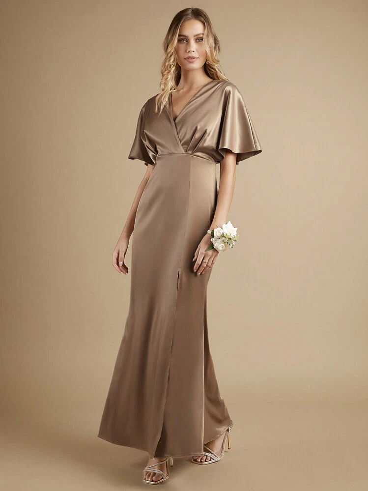 SHEIN Belle Butterfly Sleeve Split Thigh Bridesmaid Dress - Brown - View 2