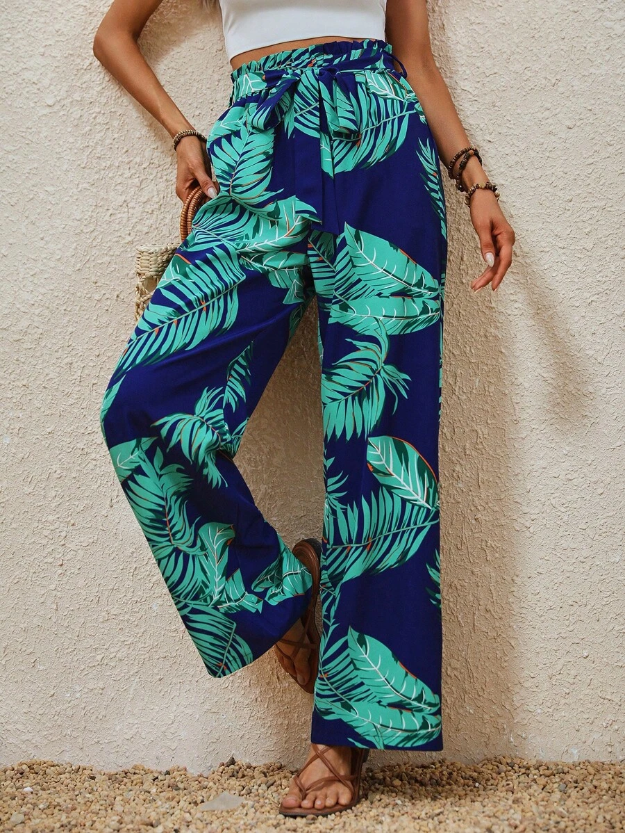 Breezaya 熱帶圖案紙袋腰腰帶闊腿褲 - 藍色 - 查看 1