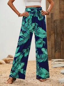 Breezaya 熱帶圖案紙袋腰腰帶闊腿褲 - 藍色 - 查看 3