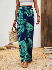 Breezaya 熱帶圖案紙袋腰腰帶闊腿褲 - 藍色 - 查看 4