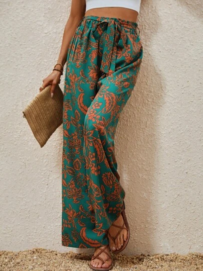 Breezaya Floral Print Belted Wide Leg Pants Fall Cloth For Women