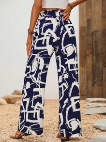 SHEIN VCAY 滿版印花腰帶闊腿褲 - 藍色 - 查看 2